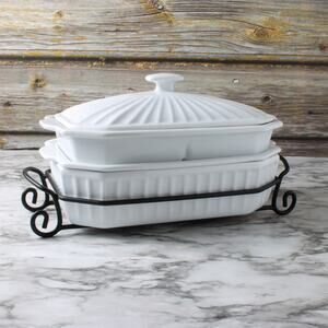 Vintage 5 pc.  White Cook Street Multi-Serve Casserole with Iron Stand